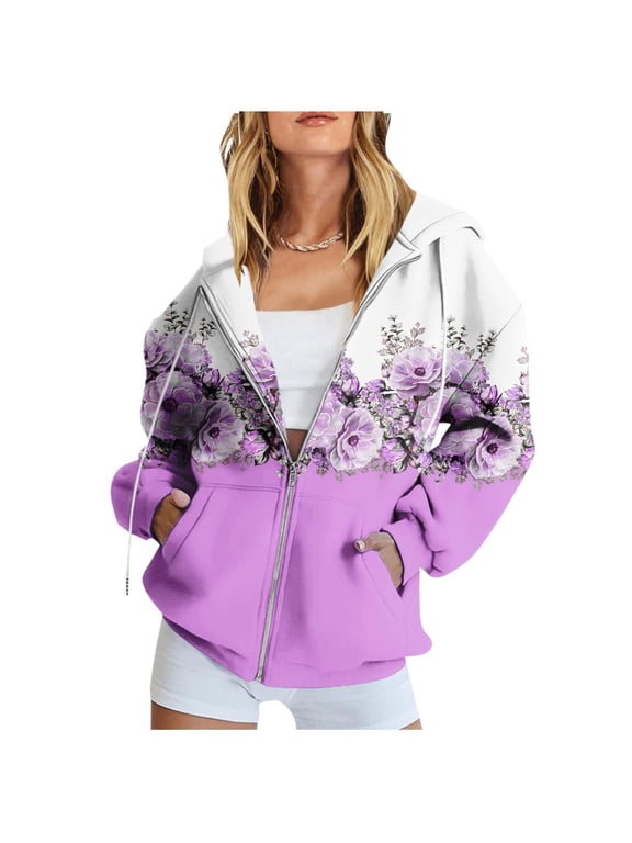 Essentials Hoodie Hoodies for Women Womens Fall Fashion Women's Floral Print Sweatshirt Pocket Jacket Zipper Hoodie Coat Zip Up Hoodie Women Sweatshirt for Women Purple L