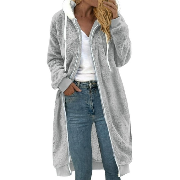 DondPO Fake Fur Coat Fashionable Women's Long Sleeve Solid Pocket Cardigan Button Top Sweater Knit Hooded Coat Fur Jackets for Women Fuzzy Jacket Gray L Clearance!