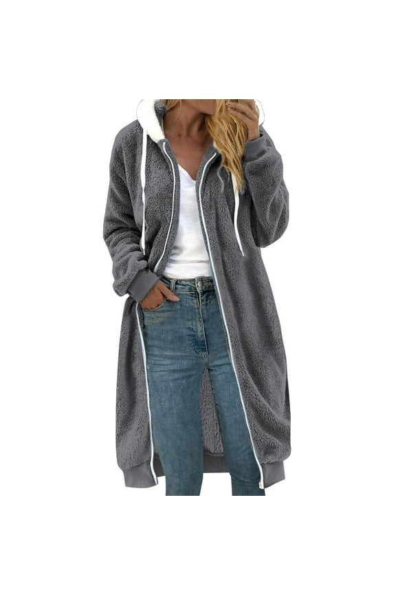 Fake Fur Coat Fashionable Women's Long Sleeve Solid Pocket Cardigan Button Top Sweater Knit Hooded Coat Fur Jackets for Women Fuzzy Jacket Gray XL