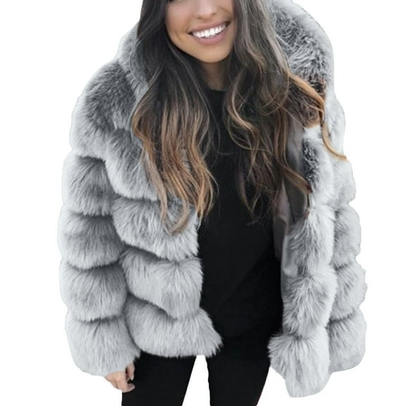 DondPO Fake Fur Coat Women Faux Mink Winter Hooded Faux Jacket Warm Thick Outerwear Jacket Fur Jackets for Women Fuzzy Jacket Gray L