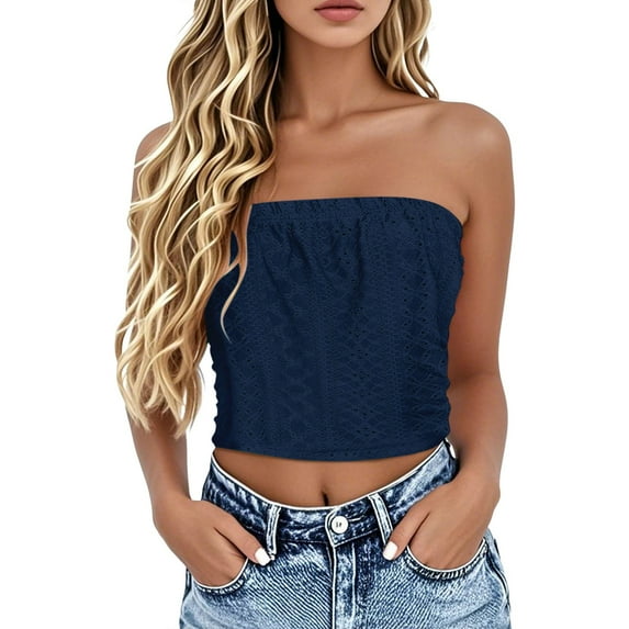 DondPO Flowy Strapless Top Women'sStrapless Bandeau Tank Top Strapless Tops For Women Plus Size Strapless Babydoll Top Women Strapless Eyelet Embroidery Tube Tops Blue 3XL