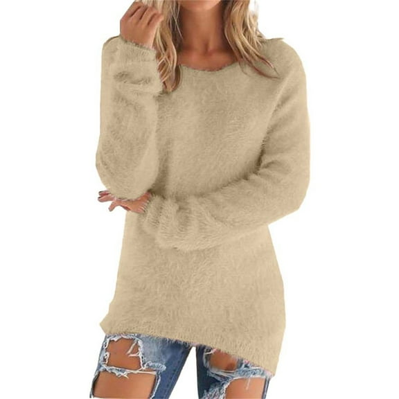 DondPO Fluffy Sweater Women's Fashionable Long Sleeve Pullovers Loose Fuzzy Jumper Sweater Fuzzy Sweater for Women Pink Sweater for Women Beige S