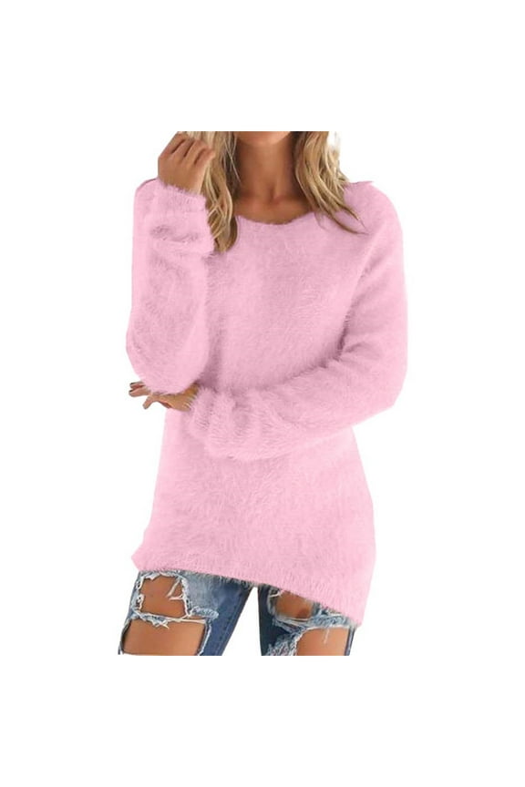 Fluffy Sweater Women's Fashionable Long Sleeve Pullovers Loose Fuzzy Jumper Sweater Fuzzy Sweater for Women Pink Sweater for Women Pink M