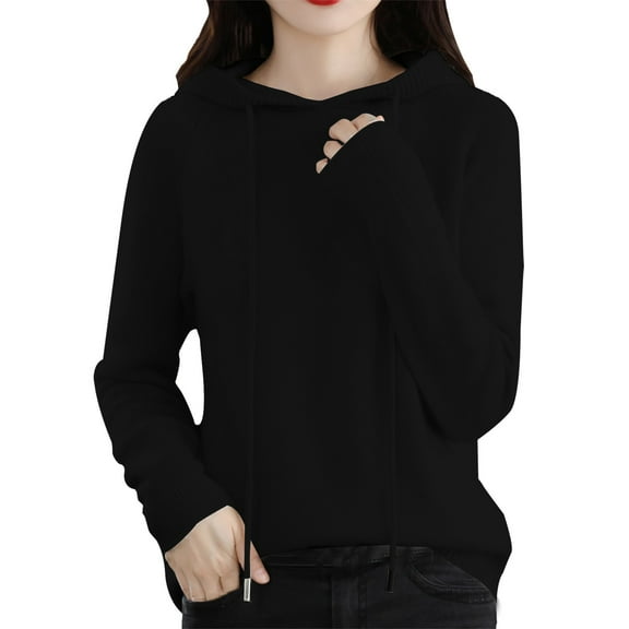 DondPO Hooded Sweater Women，Women's Autumn Winter Solid Color Hooded Sweater with Drawstring Loose Casual Warm Knit Pullover Sweater，Sweater Hoodie，Womens Hoodies Pullover Black S