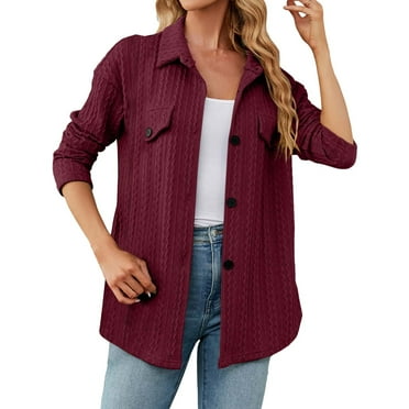 DondPO Jackets For Women Women's Oversize Solid Color Fleece Jacket Lapel Splice Long Sleeve Loose Outwear Warm Outercoat With Button Sweatshirt For Women Blouses For Women Red S (Clearance)