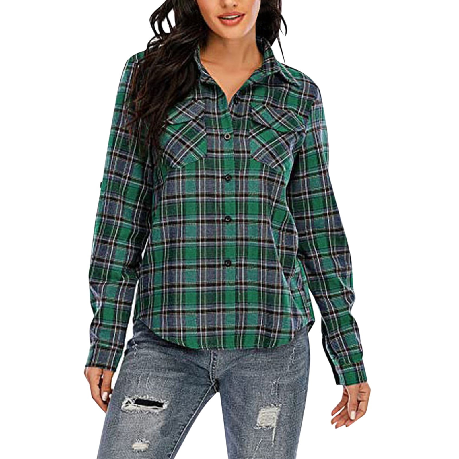 DondPO Jackets For Women Plaid Shirts For Women Long Sleeve Button Down ...