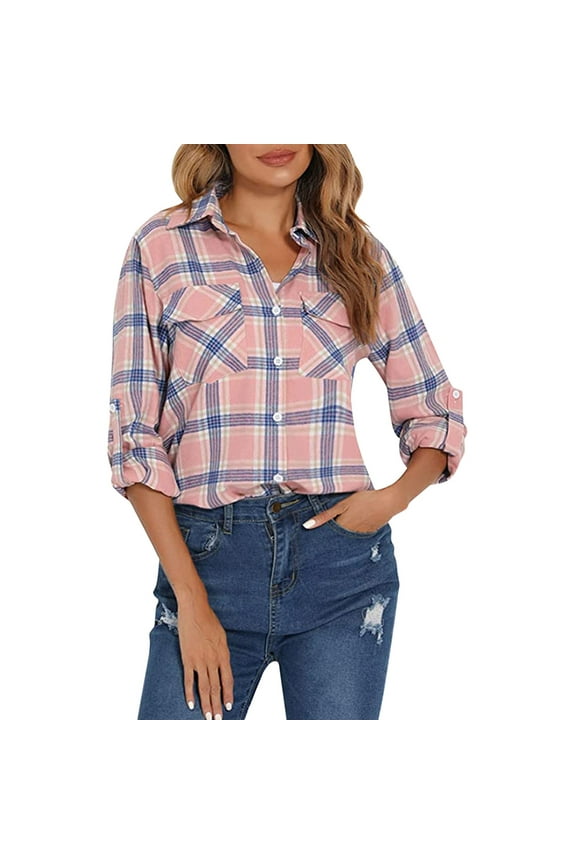 Jackets For Women Plaid Shirts For Women Long Sleeve Button Down Christmas Fall Jacket Plaid Shirts For Women Flannel Jacket Women Pink L