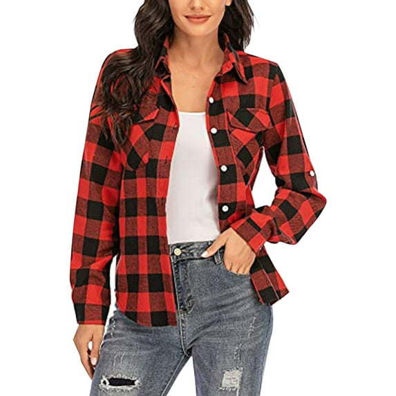 DondPO Jackets For Women Plaid Shirts For Women Long Sleeve Button Down Christmas Fall Jacket Plaid Shirts For Women Flannel Jacket Women Red M