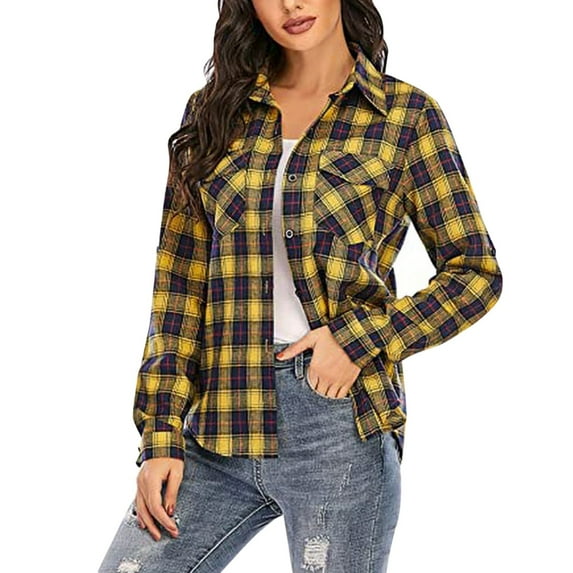 DondPO Jackets For Women Plaid Shirts For Women Long Sleeve Button Down Christmas Fall Jacket Plaid Shirts For Women Flannel Jacket Women Yellow S