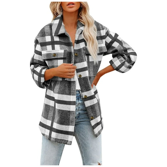 DondPO Jackets For Women Women's Brushed Plaid Shirts Long Sleeve Flannel Lapel Button Pocketed Jacket Coats Plaid Shirts For Women Flannel Jacket Women Gray S Clearance!