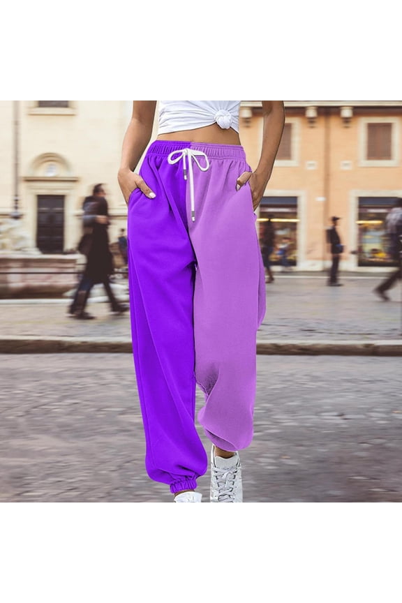 Joggers for Women,Lounge Pants Women Loose Breathable Colorblocking Pants Side Pockets Leg Opening Drawstring Seasonal Pants Ladies Casual Pants Sweatpants Women,Pants for Women,Purple Pants S