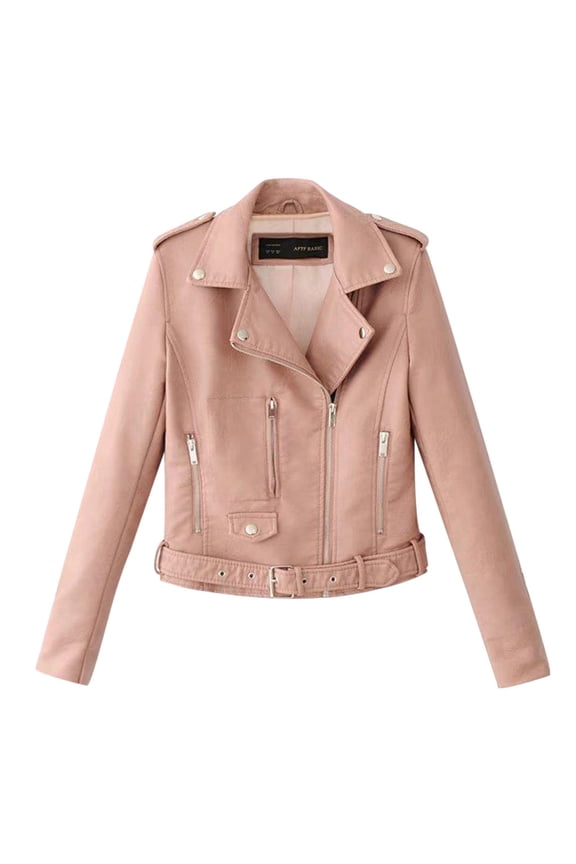 Leather Jacket Women Short Lapel Jacket Ladies Tops Motor Punk Coat Biker Cropped Women Zip Women's Coat Leather Blazer Women Black Leather Jacket Pink S