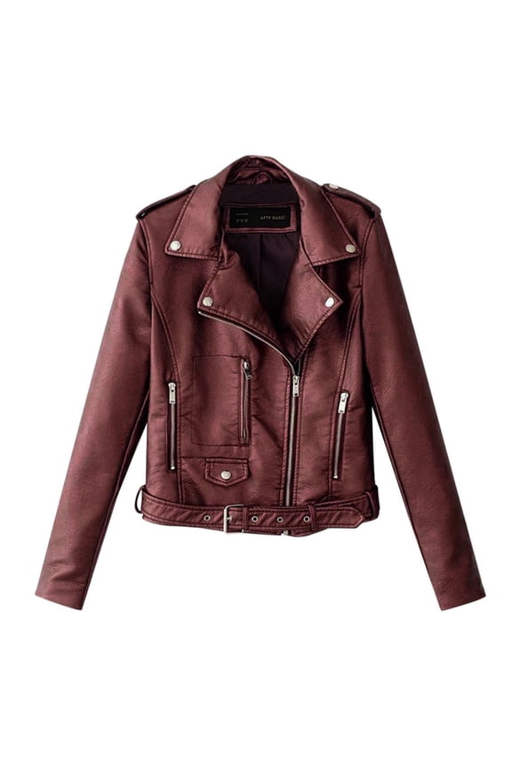 Leather Jacket Women Short Lapel Jacket Ladies Tops Motor Punk Coat Biker Cropped Women Zip Women's Coat Leather Blazer Women Black Leather Jacket Red 2XL