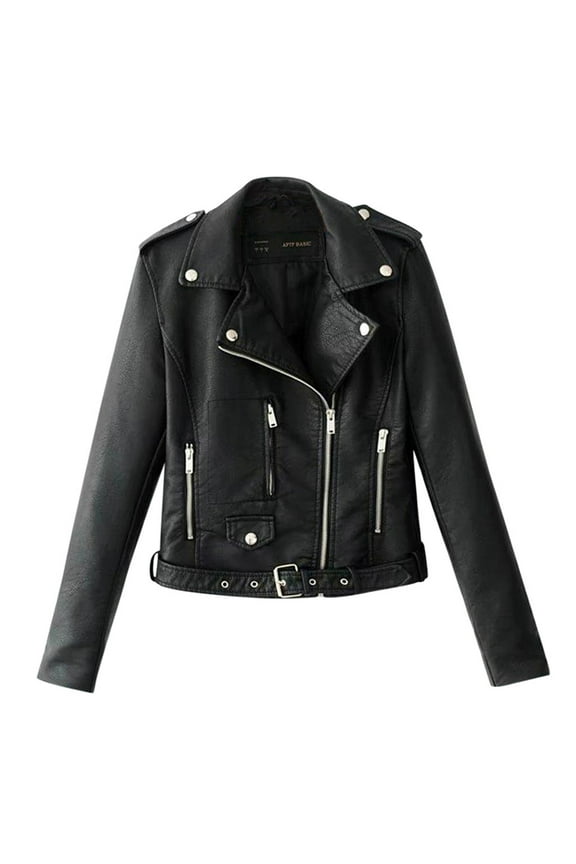 Leather Jacket Women Short Lapel Jacket Ladies Tops Motor Punk Coat Biker Cropped Women Zip Women's Coat Leather Blazer Women Black Leather Jacket Black M