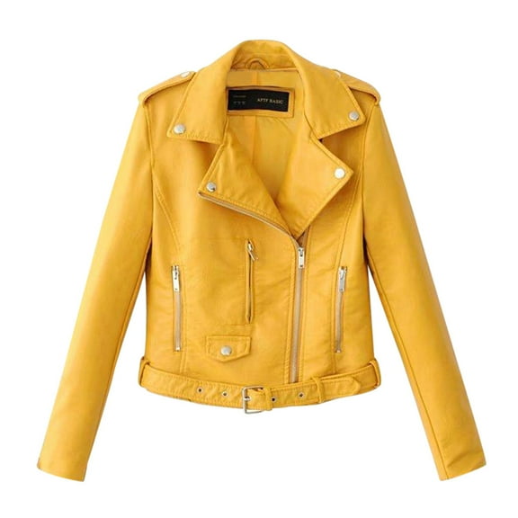 DondPO Leather Jacket Women Short Lapel Jacket Ladies Tops Motor Punk Coat Biker Cropped Women Zip Women's Coat Leather Blazer Women Black Leather Jacket Yellow S