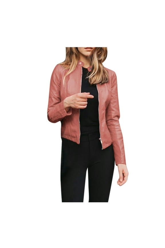 Leather Jacket Women Women Biker Ladies Jacket Coat Punk Tops Motor Cropped Short Lapel Zip Women's Coat Leather Blazer Women Black Leather Jacket Pink 3XL