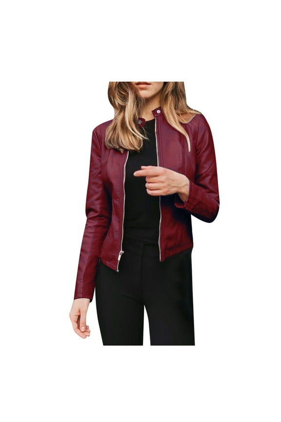 Leather Jacket Women Women Biker Ladies Jacket Coat Punk Tops Motor Cropped Short Lapel Zip Women's Coat Leather Blazer Women Black Leather Jacket Red M