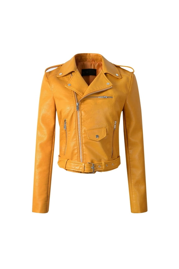Leather Jacket Women Women Ladies Fashion Coat Jacket The Belt Fashion Faux Leather Cool Zipper Decoration Jacket Biker Jacket Leather Blazer Women Black Leather Jacket Yellow M