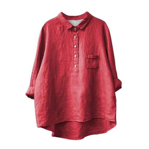 DondPO Linen Shirts for Women Women's Lapel Neck Casual Solid Colour Cotton And Linen Long Sleeve Shirt Casual Shirts for Women Womens Shirts Red 4XL