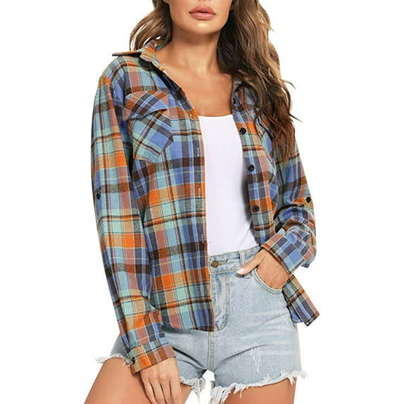 DondPO Long Sleeve Shirts Dress Shirts for Women Plaid Shirts For Women Long Sleeve Button Down Christmas Fall Jacket Womens Tops Flannel Shirt Orange L