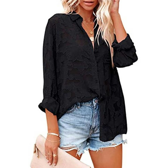 DondPO Long Sleeve Shirts Dress Shirts for Women Women Casual Shirt Long Sleeve Thin Button Solid Chiffon Lapel Long Sleeve Shirt Top Womens Tops Flannel Shirt Black L