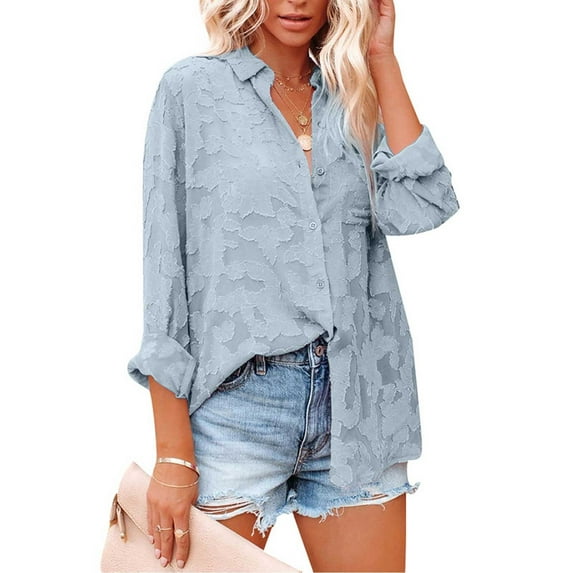 DondPO Long Sleeve Shirts Dress Shirts for Women Women Casual Shirt Long Sleeve Thin Button Solid Chiffon Lapel Long Sleeve Shirt Top Womens Tops Flannel Shirt Light blue L