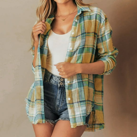 DondPO Long Sleeve Shirts Dress Shirts for Women Women Plaid Light Weight Shirts Long Sleeve Button Down Chest Pocketed Shirts Womens Tops Flannel Shirt Green XL