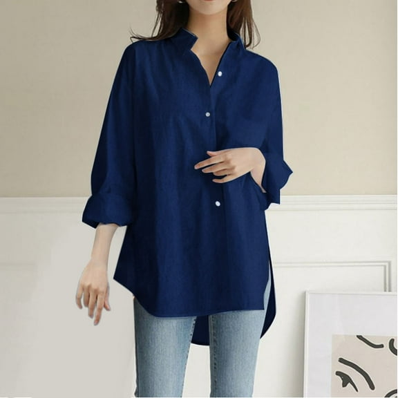 DondPO Long Sleeve Shirts Dress Shirts for Women Women's Plus Size Solid Pocket Loose Blouse Casual Button Long Sleeve Shirt Top Womens Tops Flannel Shirt Blue L