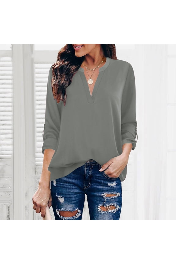 Long Sleeve Shirts Dress Shirts for Women Womens Chiffon Blouses V Neck 3/4 Sleeve Work Shirt Tunic Top Office Wear Casual Blouse Womens Tops Flannel Shirt Grey M