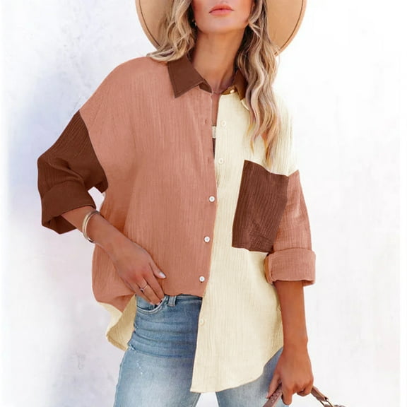 DondPO Long Sleeve Shirts Dress Shirts for Women Womens Colorblock Long Sleeve Button Down Casual Shirt Womens Tops Flannel Shirt Beige L