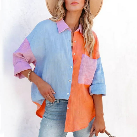 DondPO Long Sleeve Shirts Dress Shirts for Women Womens Colorblock Long Sleeve Button Down Casual Shirt Womens Tops Flannel Shirt Blue L