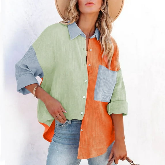 DondPO Long Sleeve Shirts Dress Shirts for Women Womens Colorblock Long Sleeve Button Down Casual Shirt Womens Tops Flannel Shirt Green S