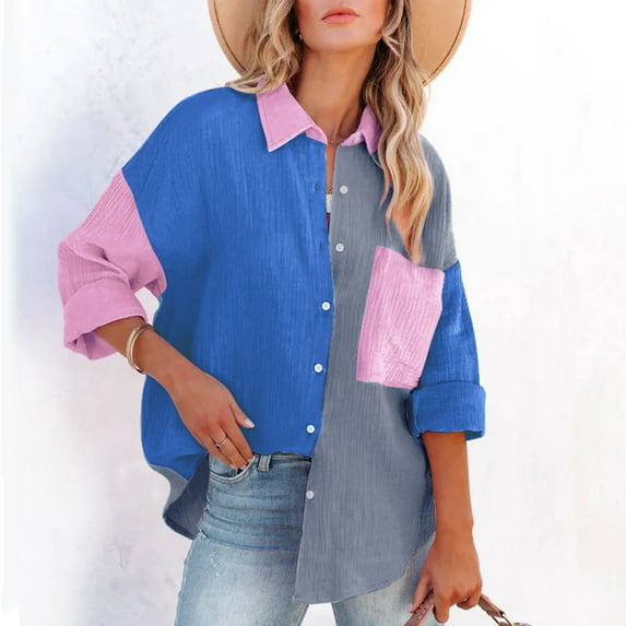 DondPO Long Sleeve Shirts Dress Shirts for Women Womens Colorblock Long Sleeve Button Down Casual Shirt Womens Tops Flannel Shirt Grey S