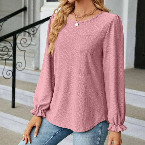 DondPO Long Sleeve Shirts for Women Sweatshirt for Women Women's Long Sleeve T Shirt Fashion O Neck Tops Solid Color Casual Blouses Womens Tops Plus Size Tops Pink S