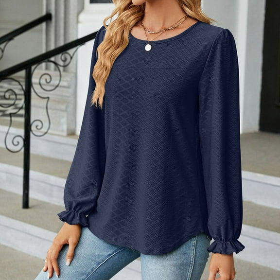 DondPO Long Sleeve Shirts for Women Sweatshirt for Women Women's Long Sleeve T Shirt Fashion O Neck Tops Solid Color Casual Blouses Womens Tops Plus Size Tops Navy L