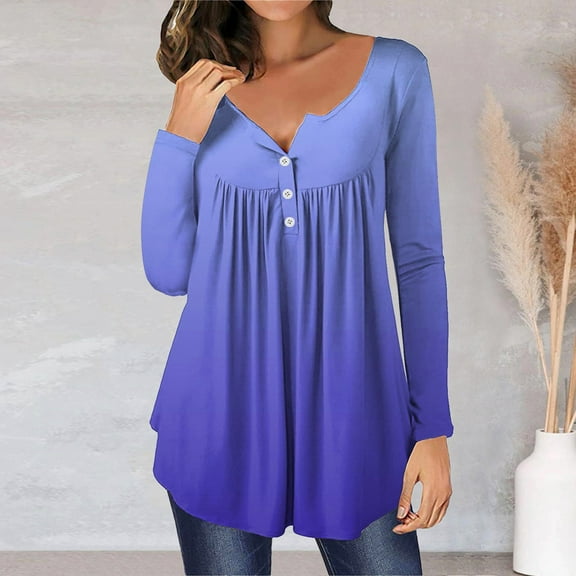 DondPO Long Sleeve Shirts for Women Sweatshirt for Women Womens Fashion Top Long Sleeve Casual Print Button Long Sleeve Top T Shirt Womens Tops Graphic Tees Blue XXL