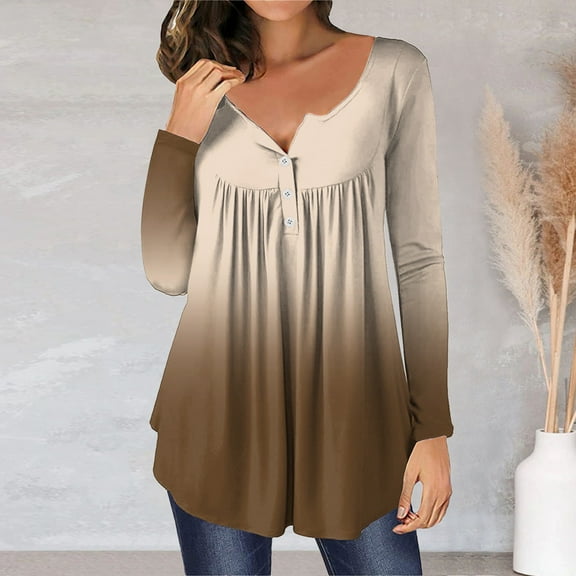 DondPO Long Sleeve Shirts for Women Sweatshirt for Women Womens Fashion Top Long Sleeve Casual Print Button Long Sleeve Top T Shirt Womens Tops Graphic Tees Khaki M