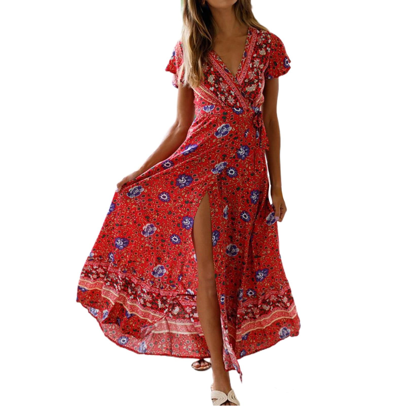 DondPO Maxi Dress for Women Casual Dresses Ladies Summer Casual V Neck Floral Print High Waist Belt Short Sleeve Hem Slit Wrap Dress Summer Dresses Womens Dresses Red Dress S
