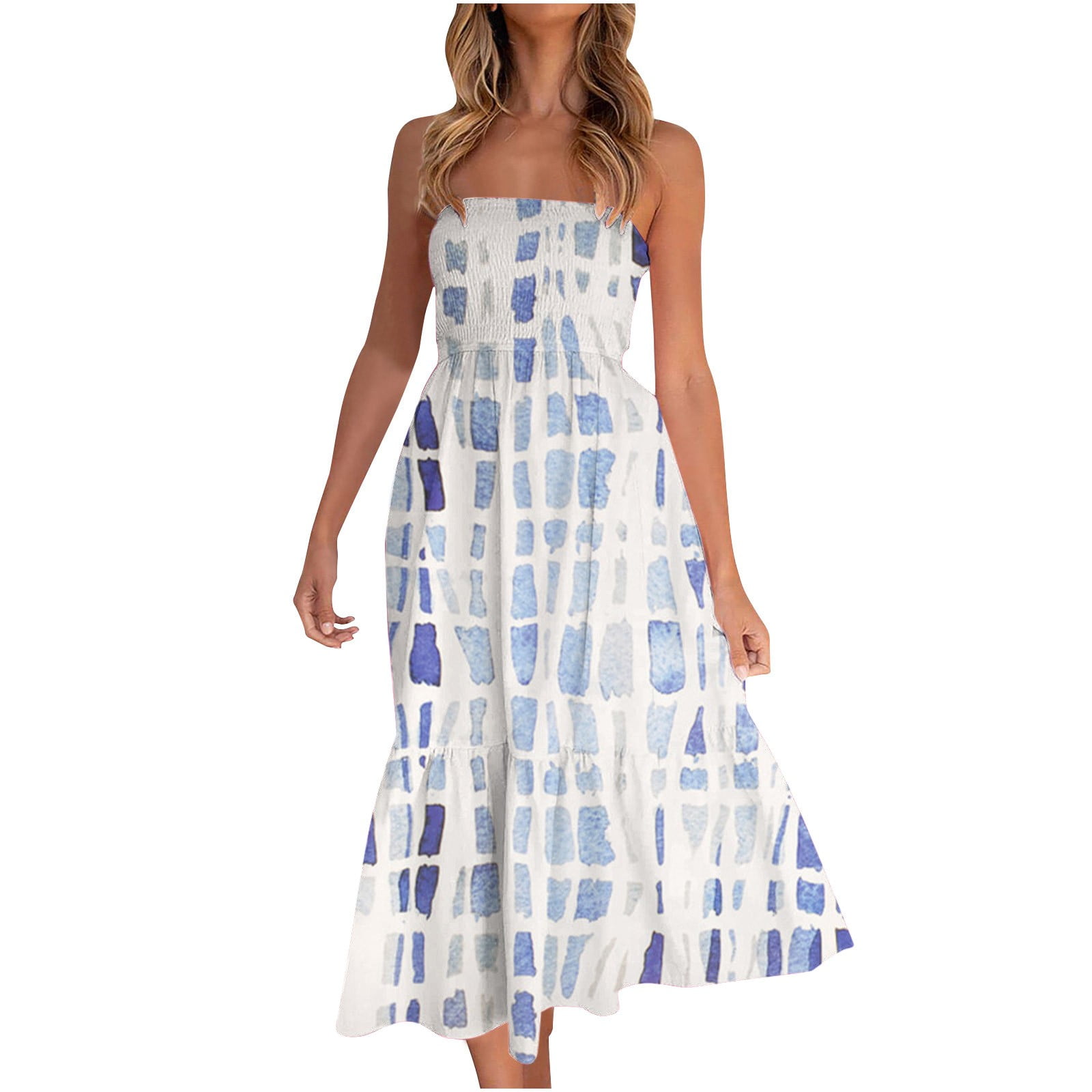 FANDEE Women's Off The Shoulder Ruffle Maxi Dress - Floral Print Beach Vacation Long Dress With Waist Tie