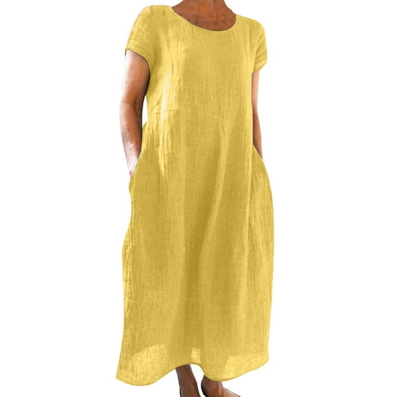 DondPO Maxi Dress for Women Summer Dresses Women's Casual Solid Color Short Sleeved Round Neck Loose Pocket Dress Beach Dresses Womens Dresses Yellow Dress 4XL