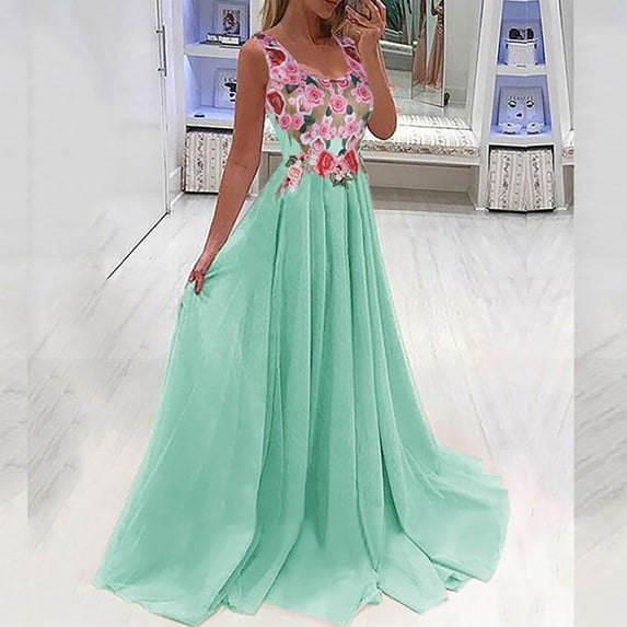 DondPO Maxi Dress for Women,Wedding Guest Dresses Women's Lace Patchwork Printed Solid Color Long Dress Banquet Guest Dress formal Dress,Summer Dresses Long Dresses Green Dress S