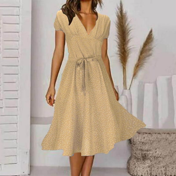 DondPO Midi Dresses for Women Casual Dresses Women Casual Dress Summer Dress V Neck Solid Color Polka Dot Print Dress Short Sleeve Lace Up Tie Dress Summer Dresses Wrap Dress for Women Pink Dress S