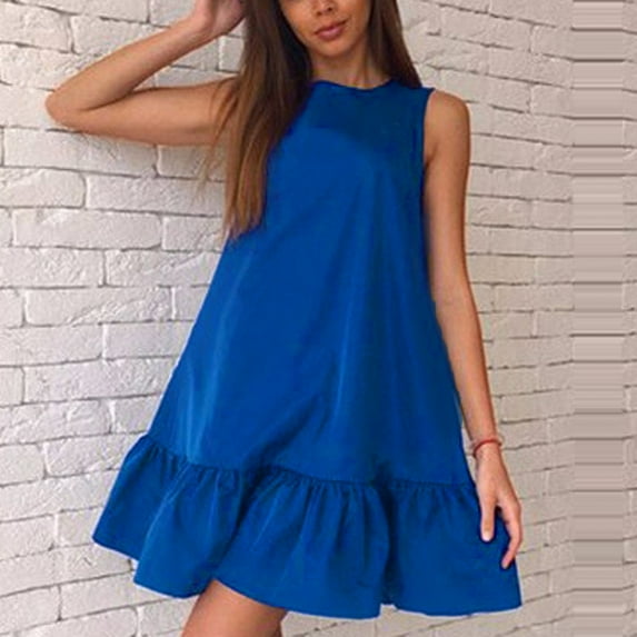 DondPO Midi Dresses for Women Sundresses for Women Pleated Solid Fashion Soft Sleeveless Dress Vest Women's Casual Color O-Neck Women's Dress Summer Dresses Pleated Skirts Blue Dress 3XL