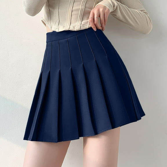 DondPO Mini Dress Womens Skirts Womens Girls Solid Pleated Skirt Basic Skirt Aline Design Skirt Pleated Skirts Womens Dresses Navy Dress S
