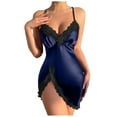 thumbnail image 1 of DondPO Night Gowns for Women Women's Solid Color V Neck Lace Home Dress Fun Sleeping Slit Dress Suspenders High Slit Nightgown Lace Trim Sleep Dress Blue 3XL, 1 of 5