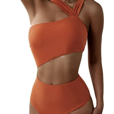 DondPO One Piece Swimsuit Women Womens Swimsuits Shoulder High Swimsuit Swimsuit Waist One One- Color Solid Piece Women's Swimwears Bathing Suit Tankini Swimsuits Brown L