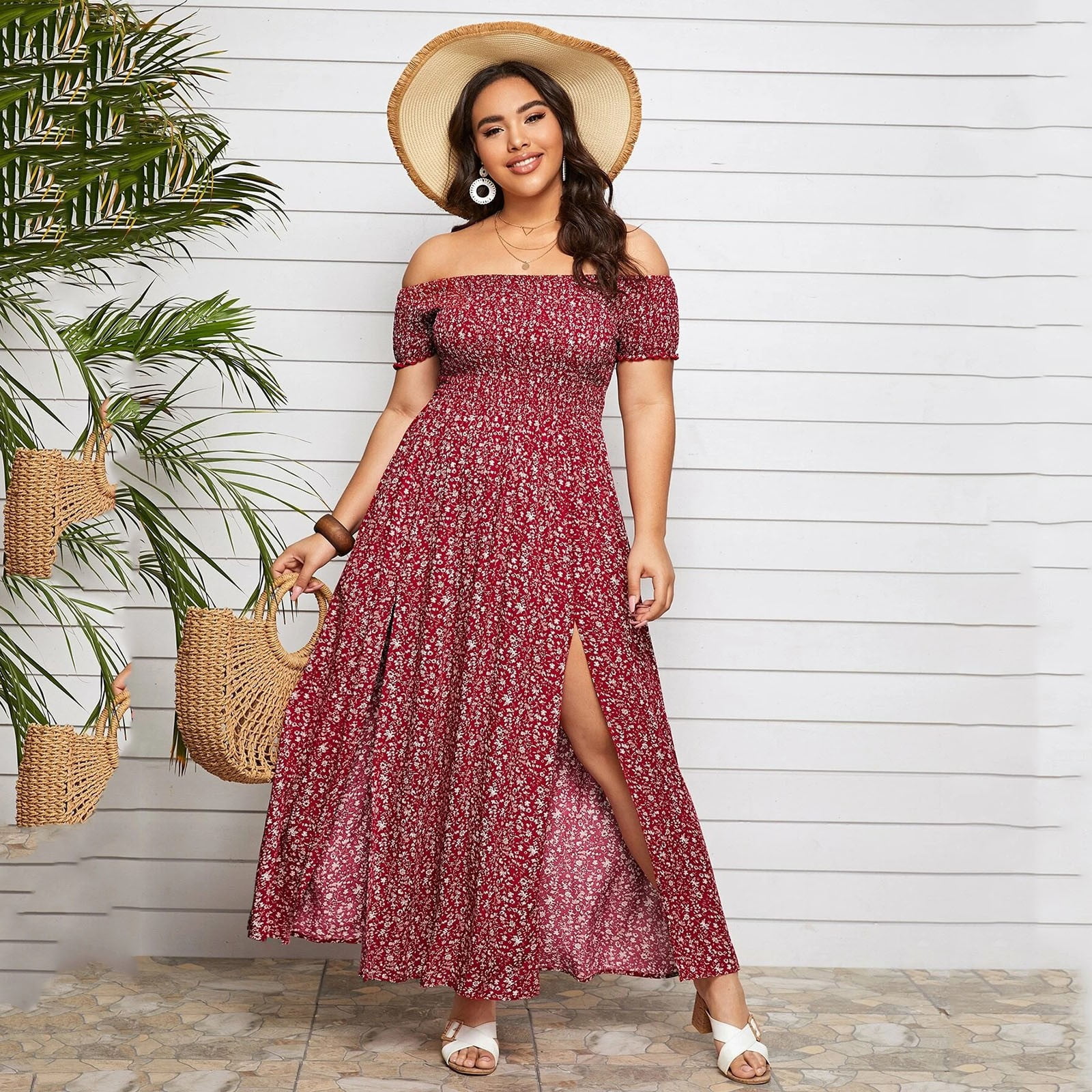 DondPO Plus Size Dresses for Curvy Women Maxi Dress Off Plus Women Bodice  Shoulder Dress Size Plus Ditsy Split Shirred Thigh Floral Women's Dress  Casual Dresses Summer Dresses Red Dress 4XL -