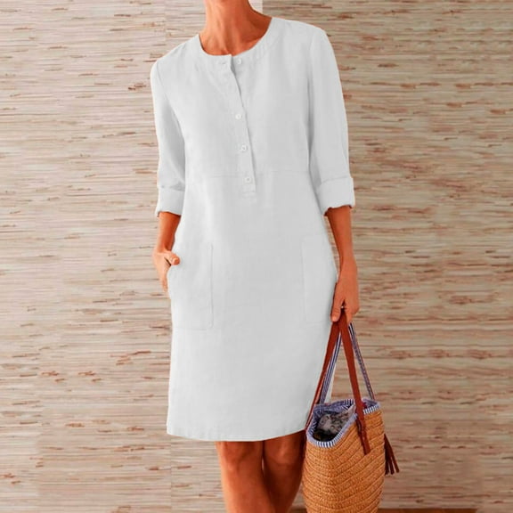 DondPO Plus Size Dresses for Curvy Women Midi Dresses Women's Round Neck Knee Length Dress Boho Casual Loose Dress With Buttons Long Sleeve Dress Womens Dresses White Dress L