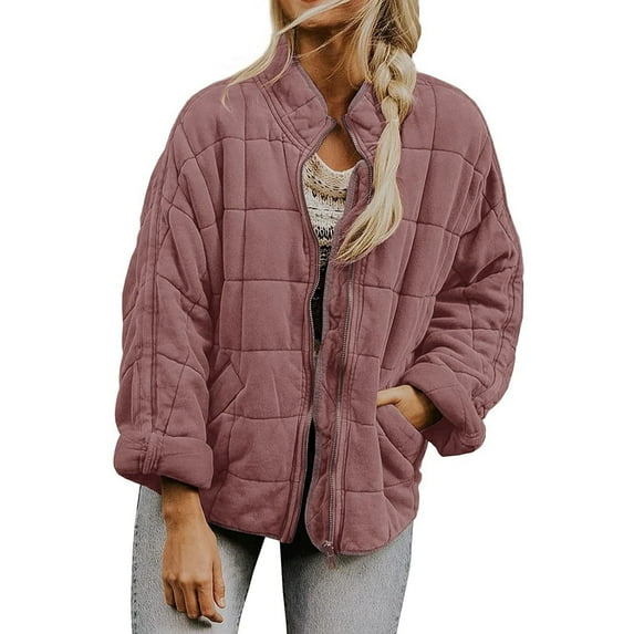 DondPO Puffer Jacket Womens Winter Coats For Women Warm Coat Loose Plain Quilted Coat Stand Collar Zip Up Jacket Outerwear wirh Pocket Furry Jacket Winter Jackets for Women Pink XL