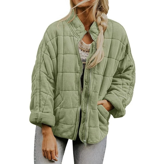 DondPO Puffer Jacket Womens Winter Coats For Women Warm Coat Loose Plain Quilted Coat Stand Collar Zip Up Jacket Outerwear wirh Pocket Furry Jacket Winter Jackets for Women Green L
